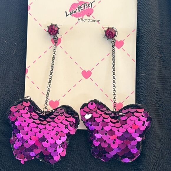 Betsey johnson sequin linear  butterfly drop earrings - Picture 3 of 5